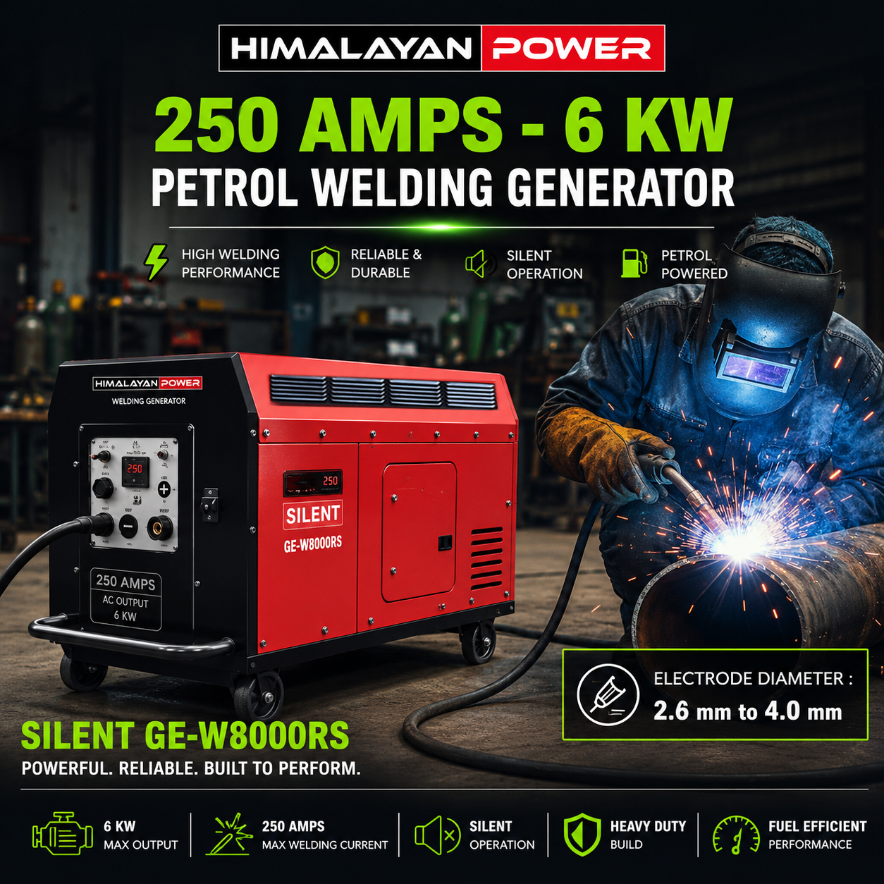 250 Amps - 6 KW, Smart Petrol Welding Generator, Recoil & Self Start Model Silent GE-W8000RS